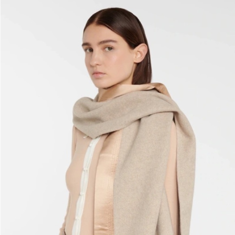 Chloe Silk Satin-trimmed Cashmere-fleece Scarf. Sandy Khaki in Net-A-Porter Box.